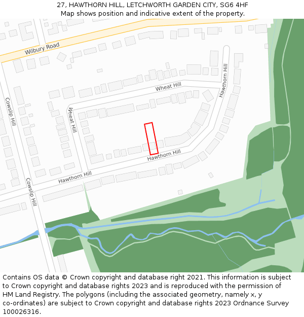 27, HAWTHORN HILL, LETCHWORTH GARDEN CITY, SG6 4HF: Location map and indicative extent of plot