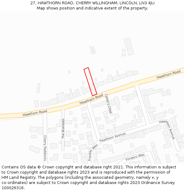 27, HAWTHORN ROAD, CHERRY WILLINGHAM, LINCOLN, LN3 4JU: Location map and indicative extent of plot