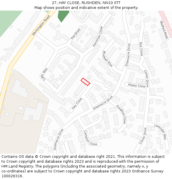 27, HAY CLOSE, RUSHDEN, NN10 0TT: Location map and indicative extent of plot