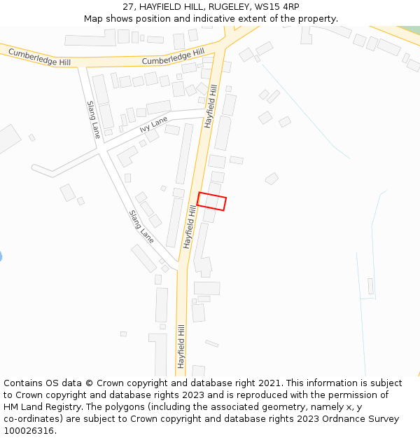 27, HAYFIELD HILL, RUGELEY, WS15 4RP: Location map and indicative extent of plot