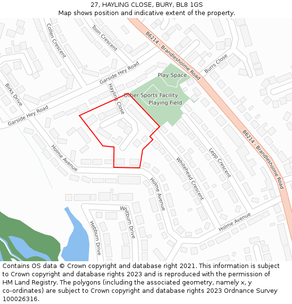 27, HAYLING CLOSE, BURY, BL8 1GS: Location map and indicative extent of plot