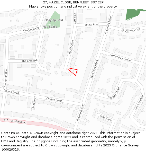 27, HAZEL CLOSE, BENFLEET, SS7 2EP: Location map and indicative extent of plot