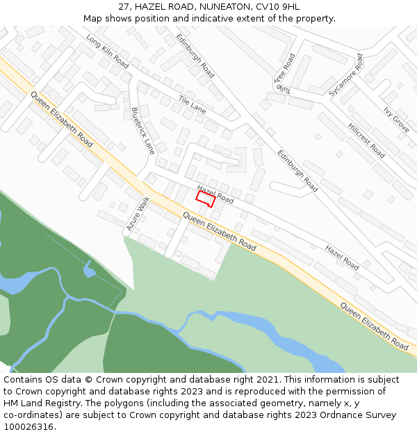 27, HAZEL ROAD, NUNEATON, CV10 9HL: Location map and indicative extent of plot