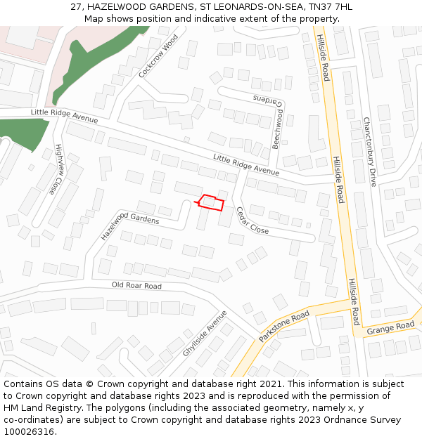 27, HAZELWOOD GARDENS, ST LEONARDS-ON-SEA, TN37 7HL: Location map and indicative extent of plot