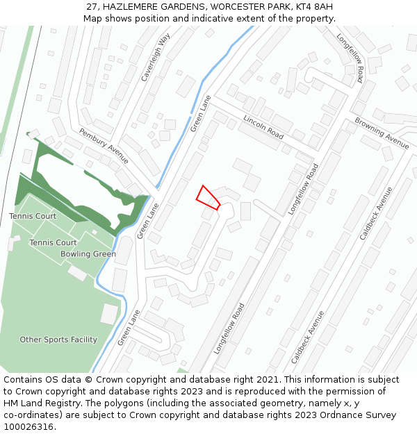 27, HAZLEMERE GARDENS, WORCESTER PARK, KT4 8AH: Location map and indicative extent of plot