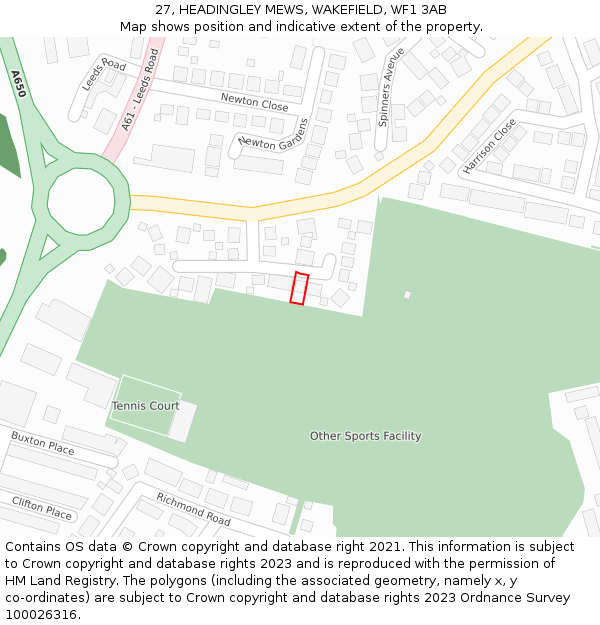 27, HEADINGLEY MEWS, WAKEFIELD, WF1 3AB: Location map and indicative extent of plot