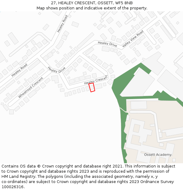 27, HEALEY CRESCENT, OSSETT, WF5 8NB: Location map and indicative extent of plot