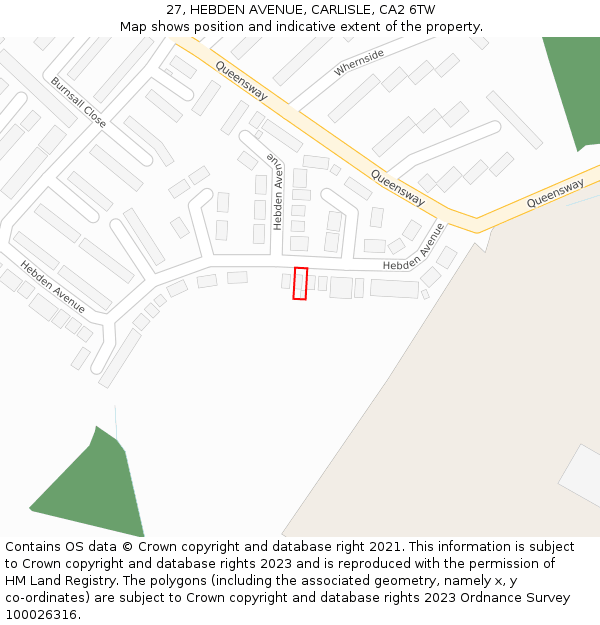 27, HEBDEN AVENUE, CARLISLE, CA2 6TW: Location map and indicative extent of plot