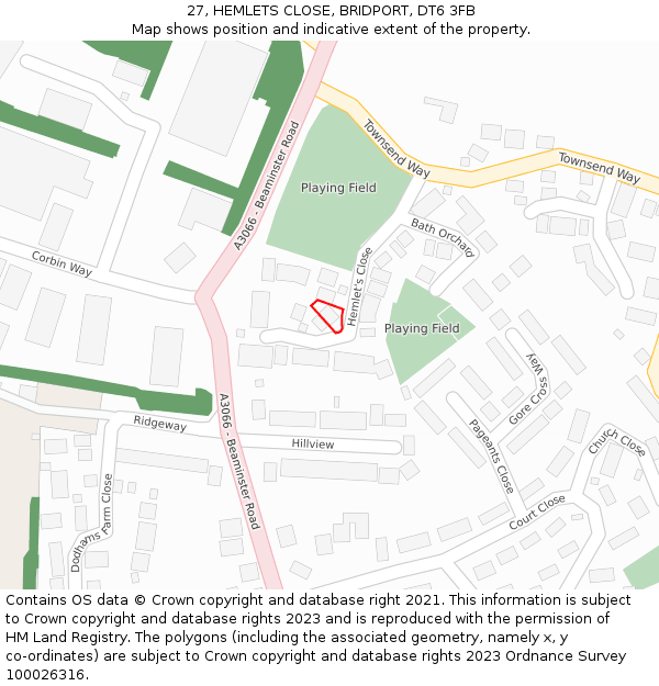 27, HEMLETS CLOSE, BRIDPORT, DT6 3FB: Location map and indicative extent of plot