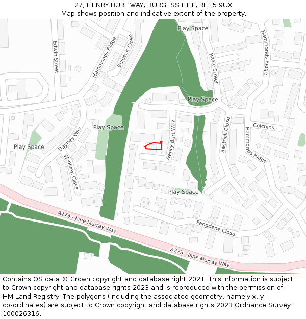 27, HENRY BURT WAY, BURGESS HILL, RH15 9UX: Location map and indicative extent of plot