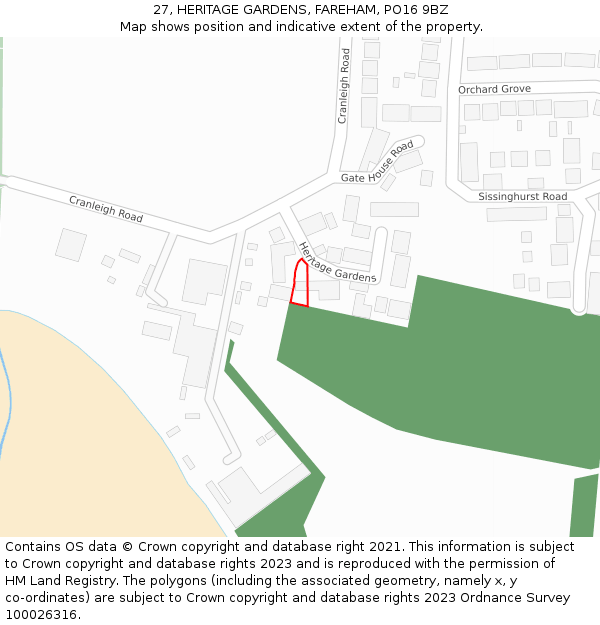 27, HERITAGE GARDENS, FAREHAM, PO16 9BZ: Location map and indicative extent of plot