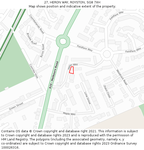 27, HERON WAY, ROYSTON, SG8 7XH: Location map and indicative extent of plot