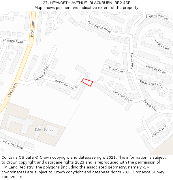 27, HEYWORTH AVENUE, BLACKBURN, BB2 4SB: Location map and indicative extent of plot