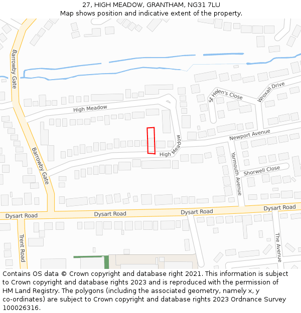 27, HIGH MEADOW, GRANTHAM, NG31 7LU: Location map and indicative extent of plot