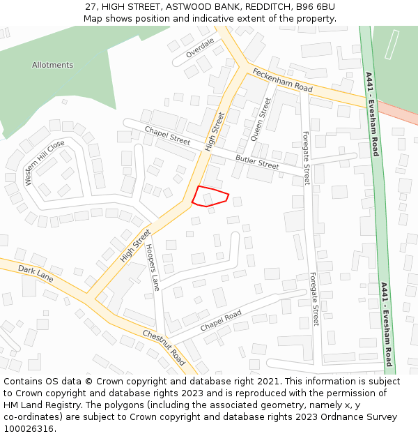 27, HIGH STREET, ASTWOOD BANK, REDDITCH, B96 6BU: Location map and indicative extent of plot