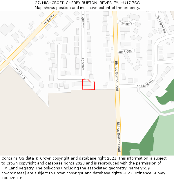 27, HIGHCROFT, CHERRY BURTON, BEVERLEY, HU17 7SG: Location map and indicative extent of plot