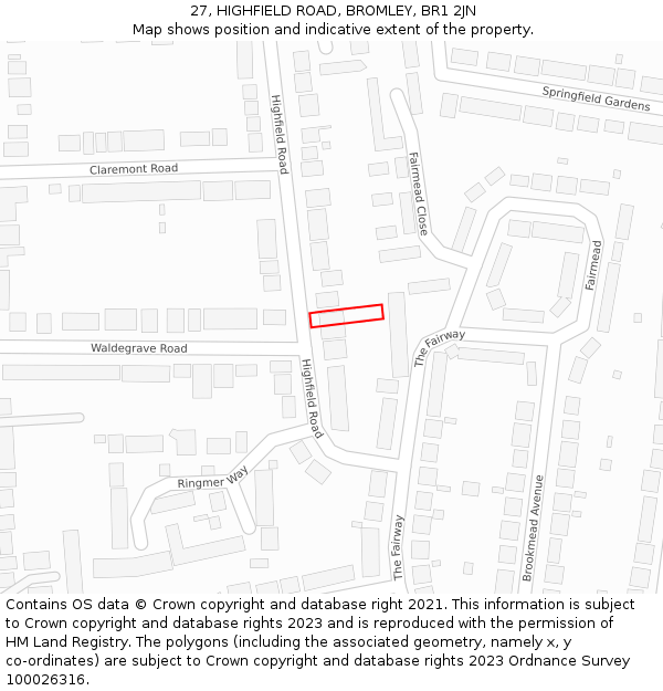 27, HIGHFIELD ROAD, BROMLEY, BR1 2JN: Location map and indicative extent of plot