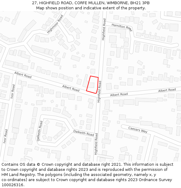 27, HIGHFIELD ROAD, CORFE MULLEN, WIMBORNE, BH21 3PB: Location map and indicative extent of plot
