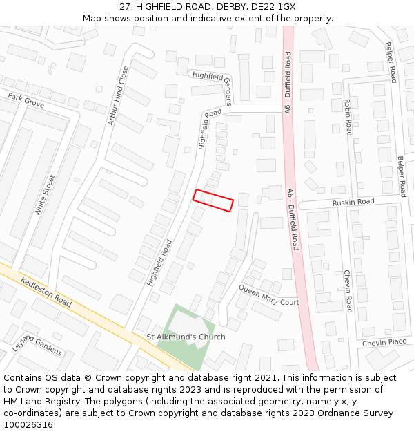 27, HIGHFIELD ROAD, DERBY, DE22 1GX: Location map and indicative extent of plot