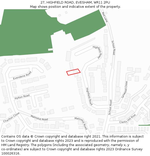 27, HIGHFIELD ROAD, EVESHAM, WR11 2PU: Location map and indicative extent of plot