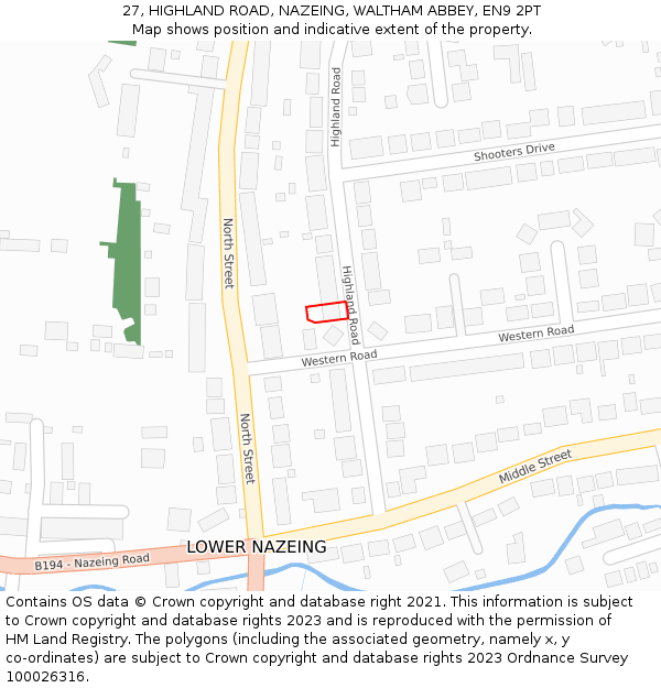 27, HIGHLAND ROAD, NAZEING, WALTHAM ABBEY, EN9 2PT: Location map and indicative extent of plot