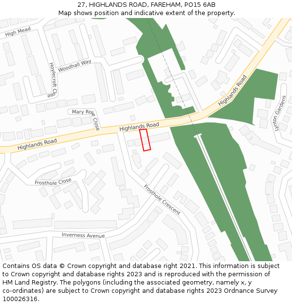 27, HIGHLANDS ROAD, FAREHAM, PO15 6AB: Location map and indicative extent of plot