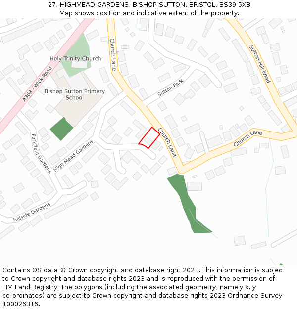 27, HIGHMEAD GARDENS, BISHOP SUTTON, BRISTOL, BS39 5XB: Location map and indicative extent of plot