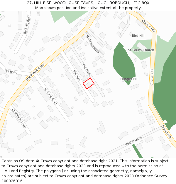 27, HILL RISE, WOODHOUSE EAVES, LOUGHBOROUGH, LE12 8QX: Location map and indicative extent of plot