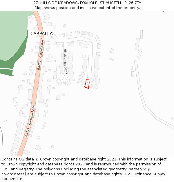 27, HILLSIDE MEADOWS, FOXHOLE, ST AUSTELL, PL26 7TA: Location map and indicative extent of plot