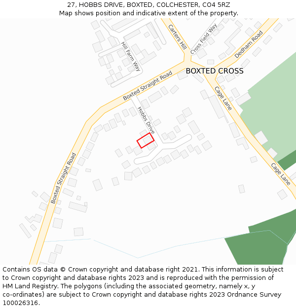 27, HOBBS DRIVE, BOXTED, COLCHESTER, CO4 5RZ: Location map and indicative extent of plot