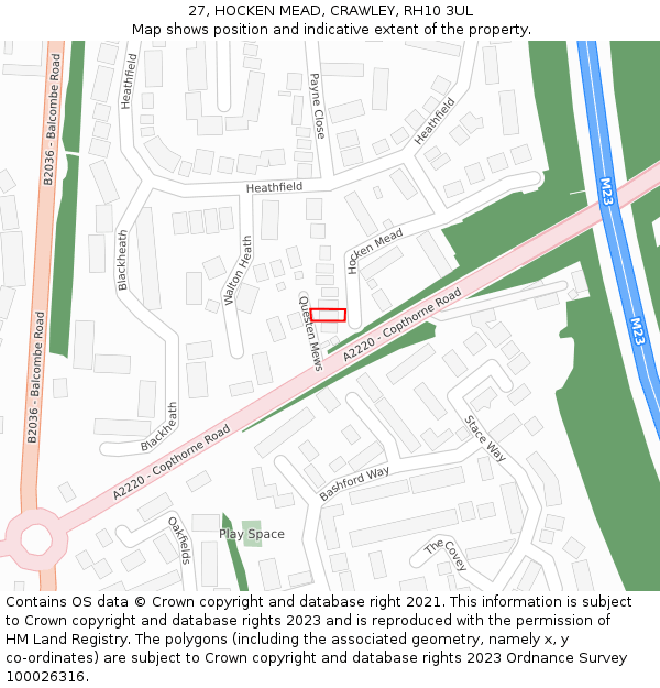 27, HOCKEN MEAD, CRAWLEY, RH10 3UL: Location map and indicative extent of plot