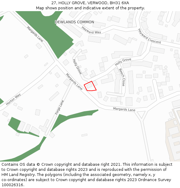 27, HOLLY GROVE, VERWOOD, BH31 6XA: Location map and indicative extent of plot