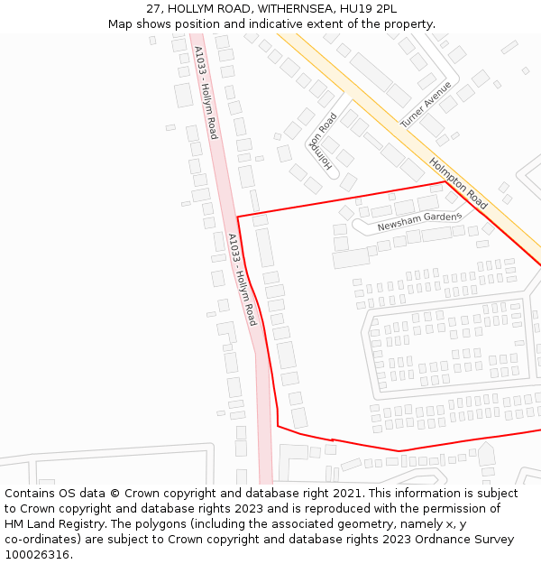 27, HOLLYM ROAD, WITHERNSEA, HU19 2PL: Location map and indicative extent of plot