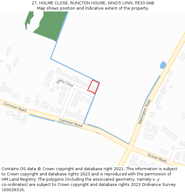 27, HOLME CLOSE, RUNCTON HOLME, KING'S LYNN, PE33 0AB: Location map and indicative extent of plot