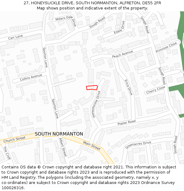 27, HONEYSUCKLE DRIVE, SOUTH NORMANTON, ALFRETON, DE55 2FR: Location map and indicative extent of plot