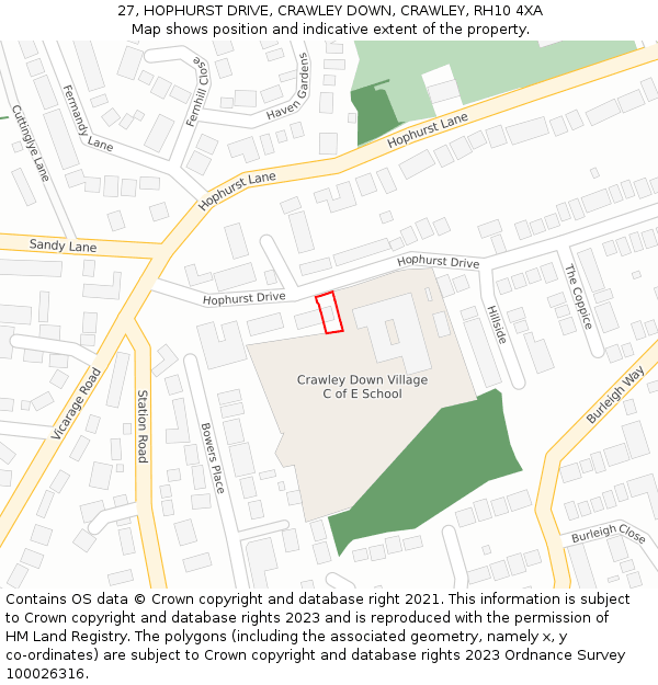 27, HOPHURST DRIVE, CRAWLEY DOWN, CRAWLEY, RH10 4XA: Location map and indicative extent of plot