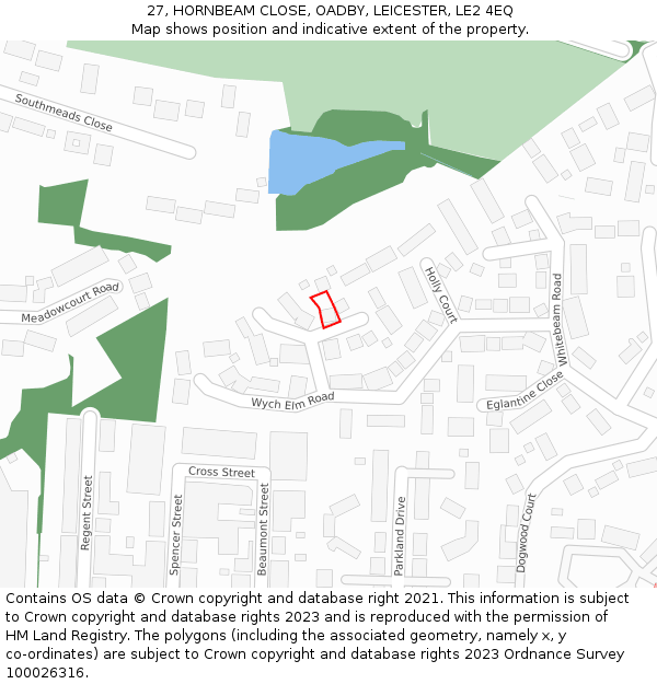 27, HORNBEAM CLOSE, OADBY, LEICESTER, LE2 4EQ: Location map and indicative extent of plot