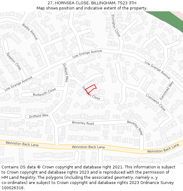 27, HORNSEA CLOSE, BILLINGHAM, TS23 3TH: Location map and indicative extent of plot