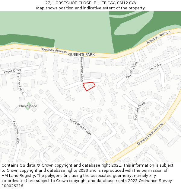 27, HORSESHOE CLOSE, BILLERICAY, CM12 0YA: Location map and indicative extent of plot
