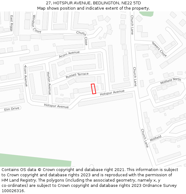 27, HOTSPUR AVENUE, BEDLINGTON, NE22 5TD: Location map and indicative extent of plot