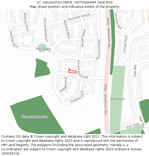 27, HOUGHTON DRIVE, NOTTINGHAM, NG8 6HG: Location map and indicative extent of plot