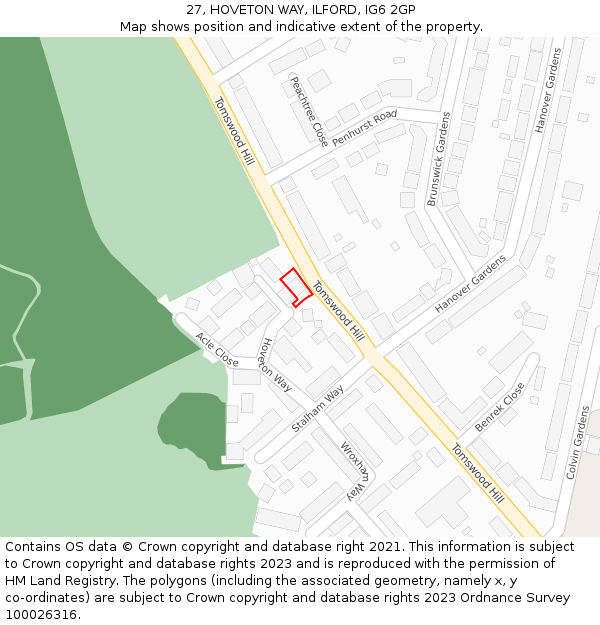 27, HOVETON WAY, ILFORD, IG6 2GP: Location map and indicative extent of plot