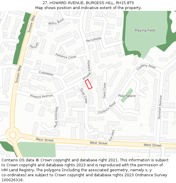 27, HOWARD AVENUE, BURGESS HILL, RH15 8TS: Location map and indicative extent of plot