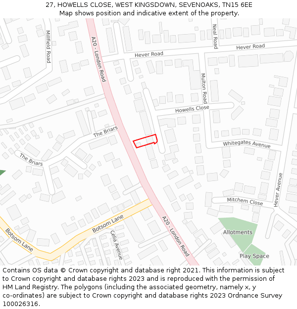 27, HOWELLS CLOSE, WEST KINGSDOWN, SEVENOAKS, TN15 6EE: Location map and indicative extent of plot