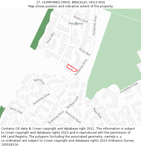 27, HUMPHRIES DRIVE, BRACKLEY, NN13 6NQ: Location map and indicative extent of plot