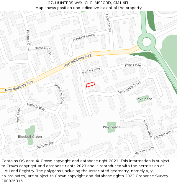 27, HUNTERS WAY, CHELMSFORD, CM1 6FL: Location map and indicative extent of plot