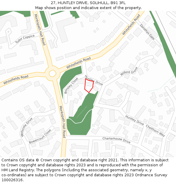 27, HUNTLEY DRIVE, SOLIHULL, B91 3FL: Location map and indicative extent of plot