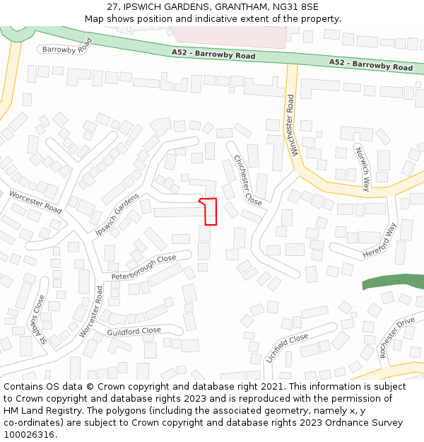 27, IPSWICH GARDENS, GRANTHAM, NG31 8SE: Location map and indicative extent of plot