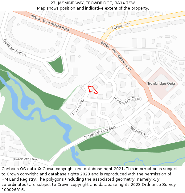 27, JASMINE WAY, TROWBRIDGE, BA14 7SW: Location map and indicative extent of plot