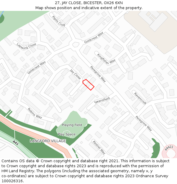 27, JAY CLOSE, BICESTER, OX26 6XN: Location map and indicative extent of plot